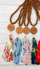 Wood Bead with Fabric Tassel & Disc Necklace FLORALS