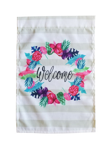 Gray/White Stripe Welcome Wreath Garden Flag