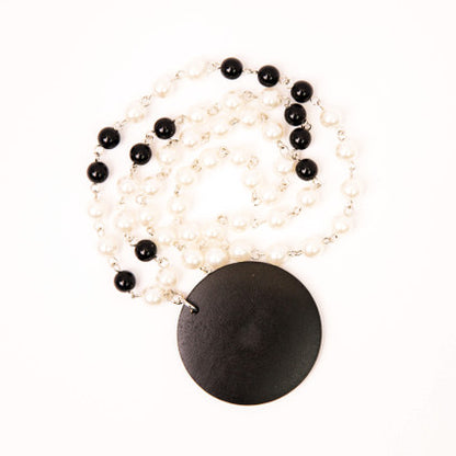 Black Wooden Round Necklace with Pearl Chain