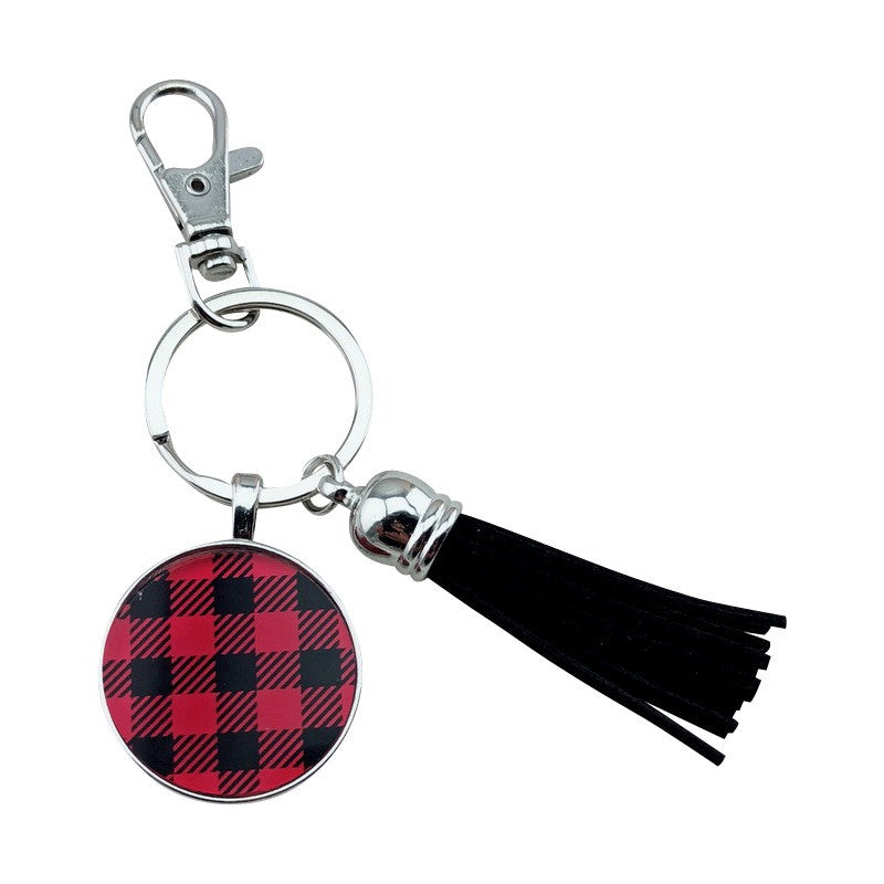 Red Plaid & Black Tassel Key Chain