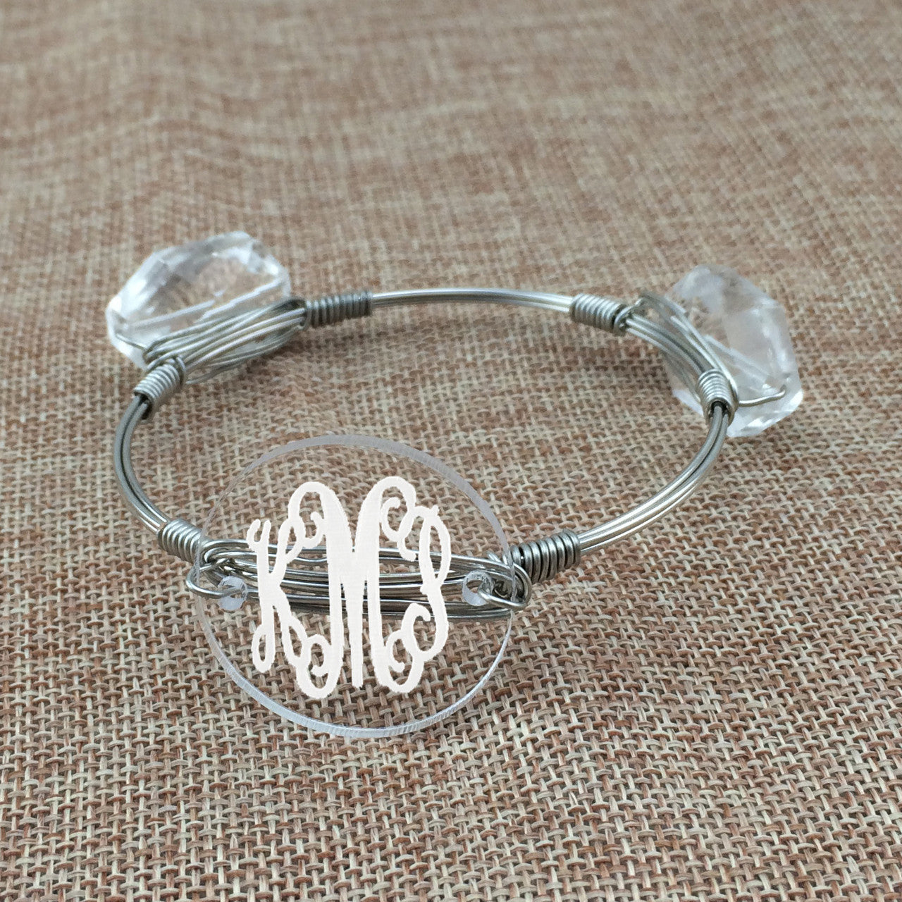 Crystal & Wire Bangle shown personalized with a monogram. You can use any of our permanent vinyls for personalization.