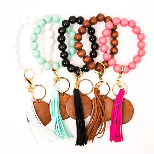 Wood Bead Bracelet with Wood Disc & Tassel