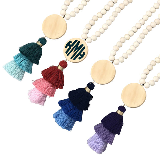 Wood & Bead 3 Tier Tassel Necklace