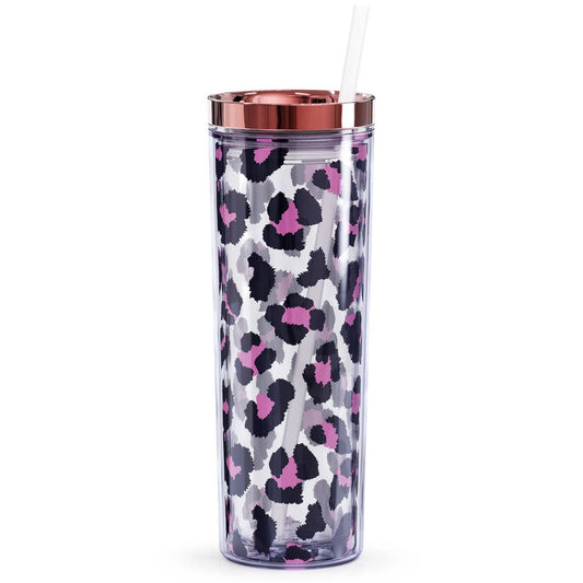 Leopard Skinny Tumbler 18oz. with Metallic Lid