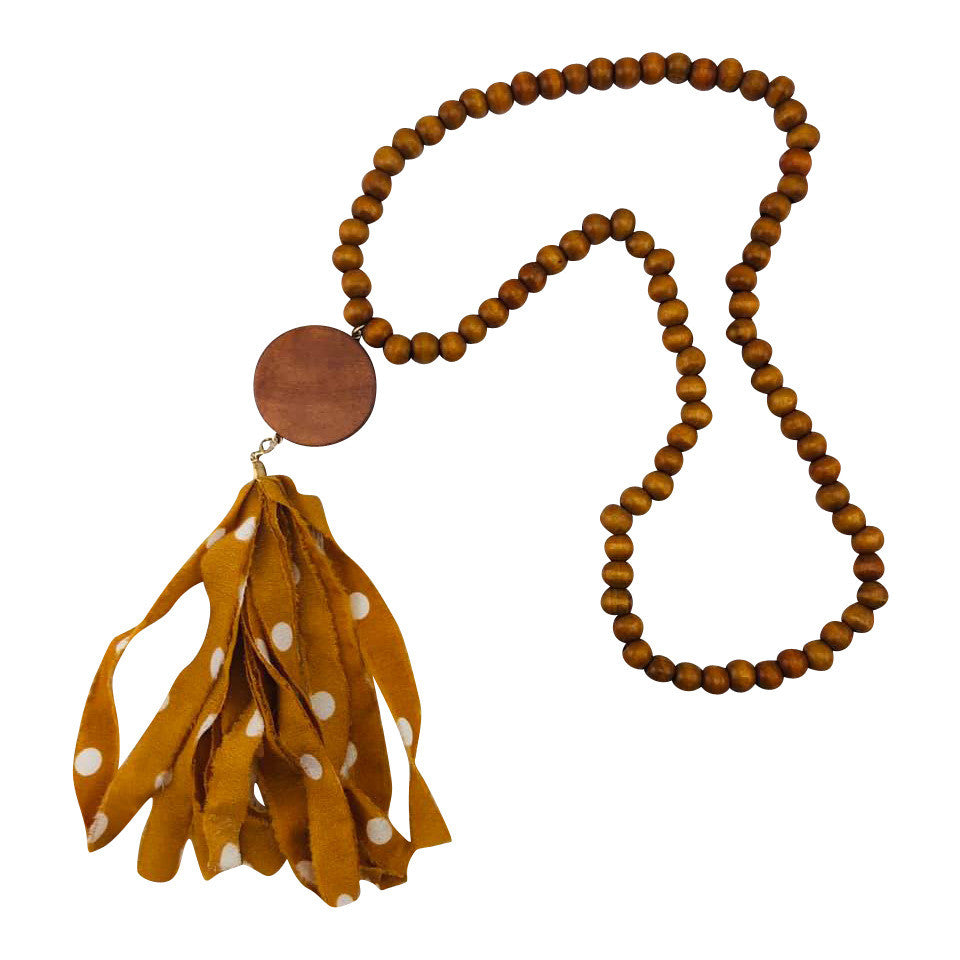 Wood Bead with Fabric Tassel & Disc Necklace