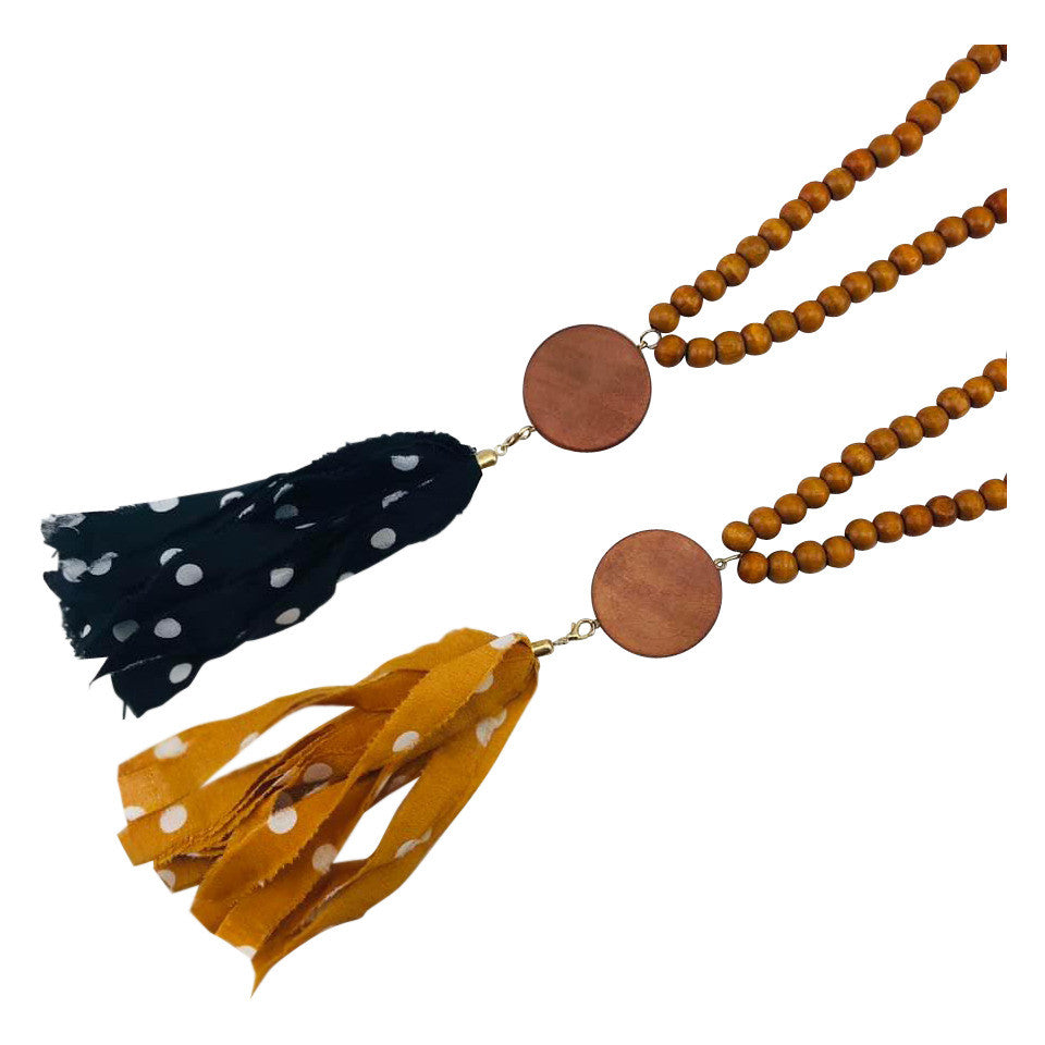 Wood Bead with Fabric Tassel & Disc Necklace