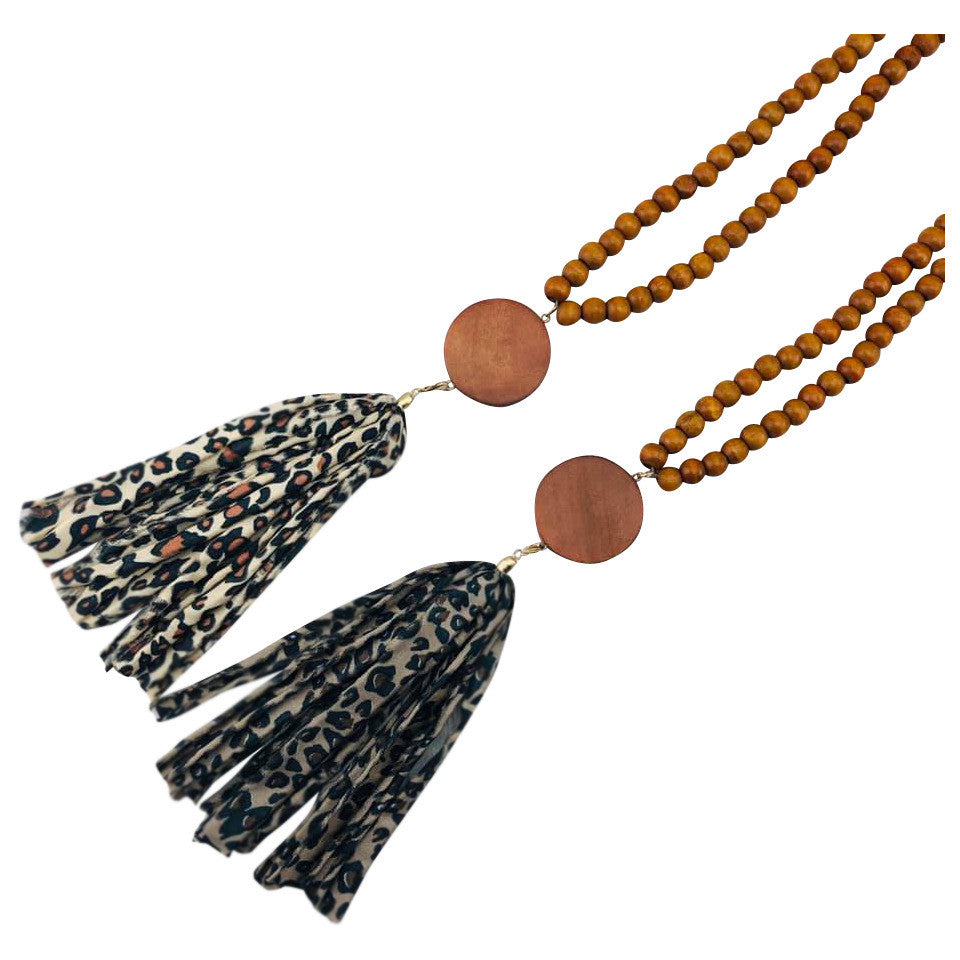 Wood Bead with Fabric Tassel & Disc Necklace