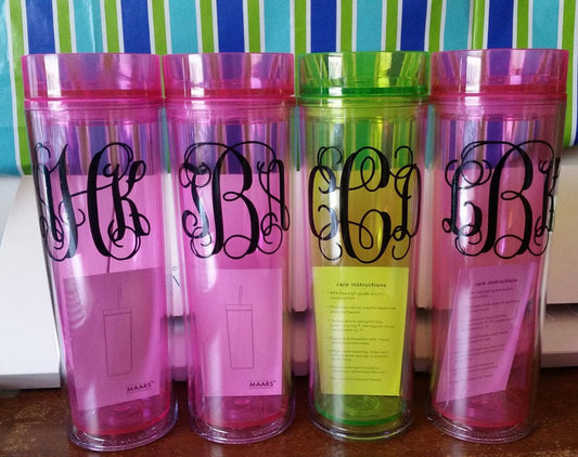 Skinny Tumbler personalized with monograms by using our Gloss 651 vinyl