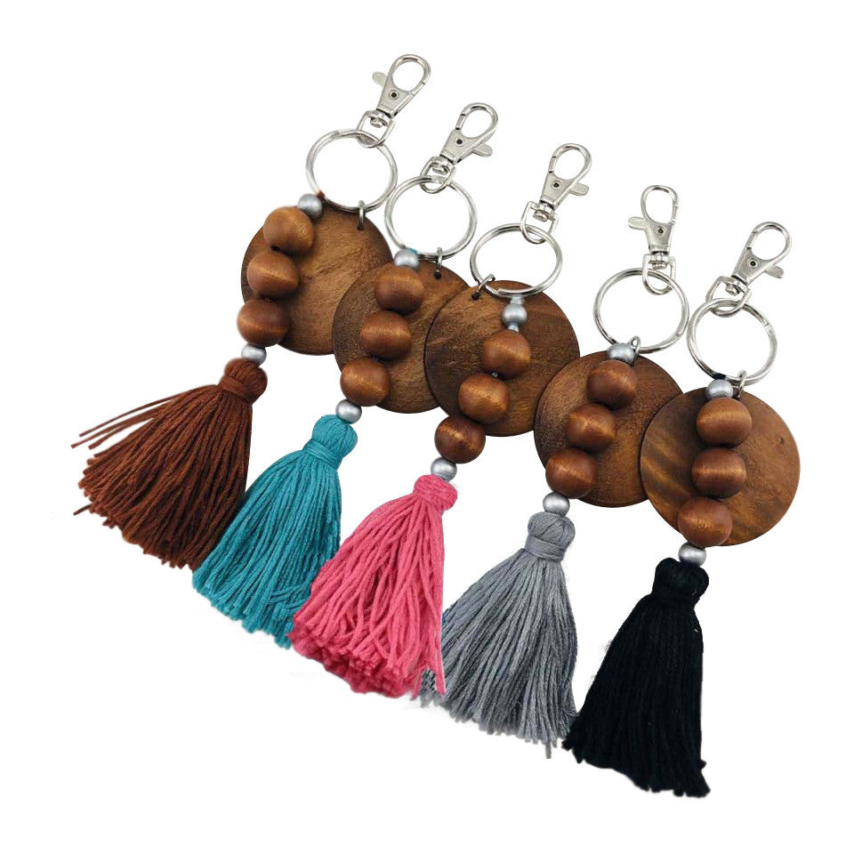 Wood Disc + Bead Tassel Key Chain