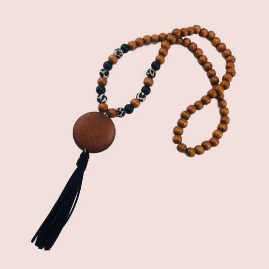 Leopard Beads Necklace with Wood Disc & Tassel