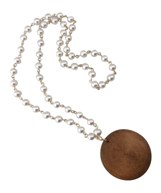 Wooden Round Necklace with Pearl Chain